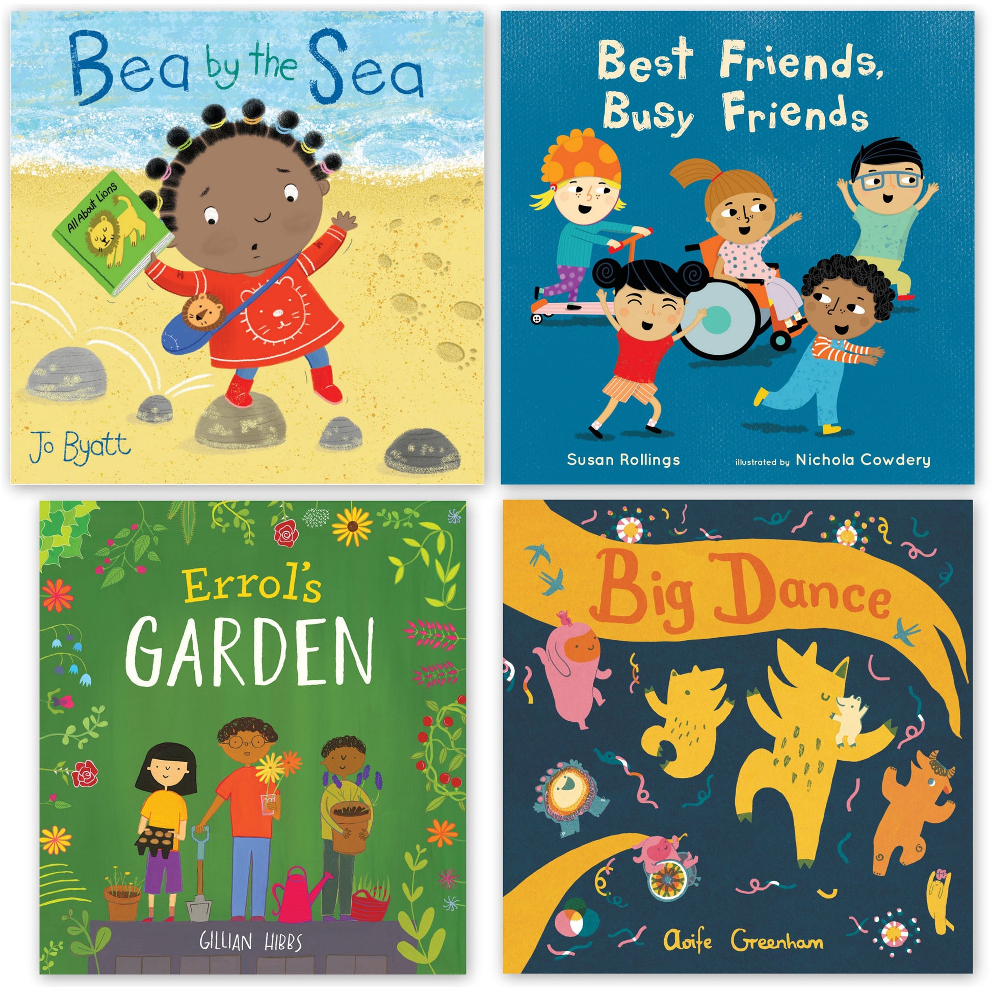 Four children's book covers: Bea by the Sea, Best Friends Busy Friends, Errol's Garden, and Big Dance