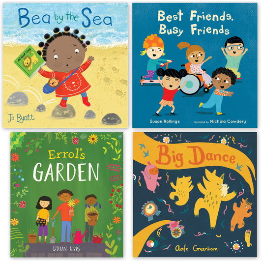 Four children's book covers: Bea by the Sea, Best Friends Busy Friends, Errol's Garden, and Big Dance