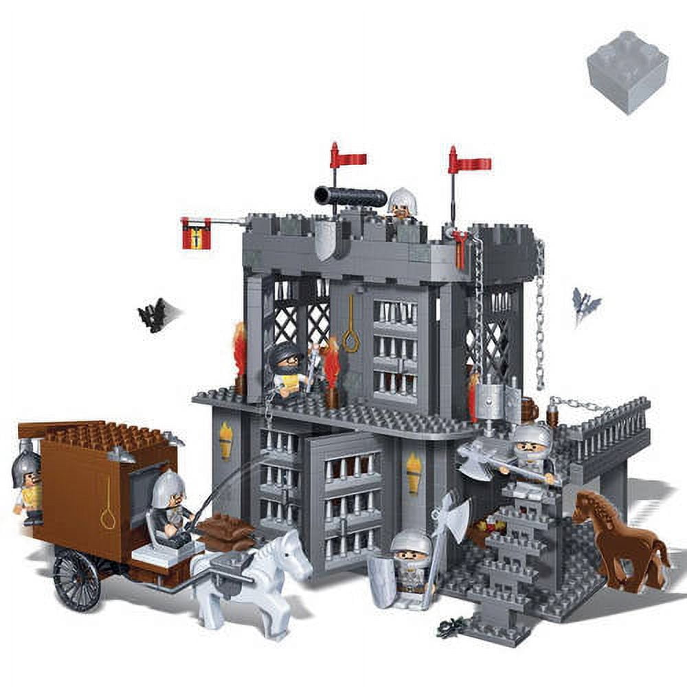 BanBao Castle Series Medieval Prison building set with gray stone castle, red flags, minifigures, brown wooden cart, white horse, brown dog, and accessory piece