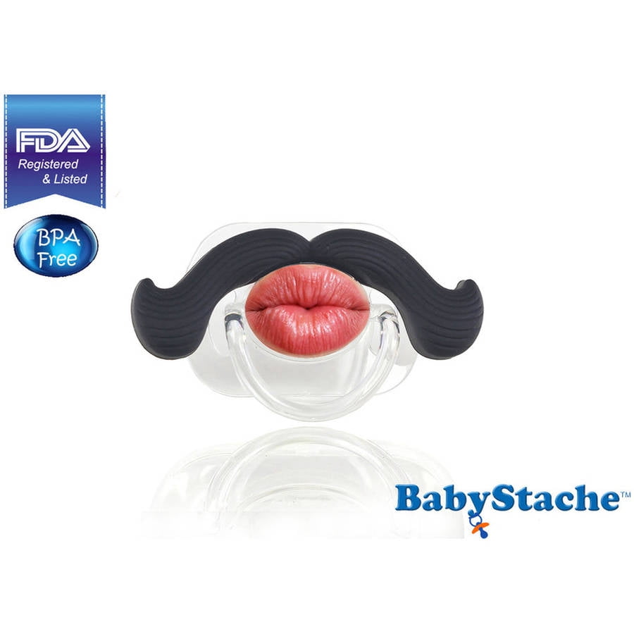 BabyStache pacifier with black curled mustache and red lips design on clear shield, FDA Registered & Listed and BPA Free badges shown