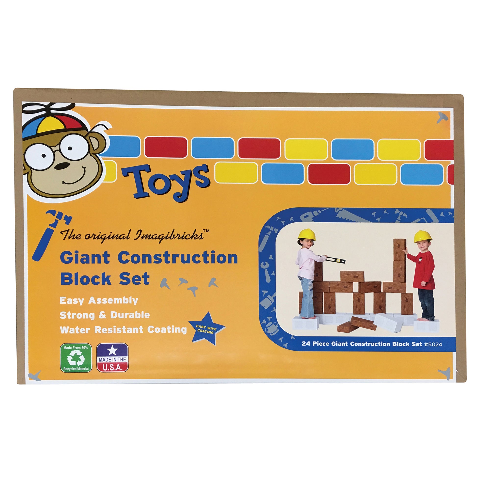 The original Imagibricks Giant Construction Block Set packaging showing a cartoon monkey character, colorful brick pattern, and two children wearing hard hats b