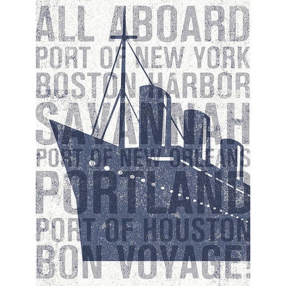 All Aboard vintage-style canvas art featuring a sailing ship silhouette overlaid with text about New York, Boston Harbor, and ports of call