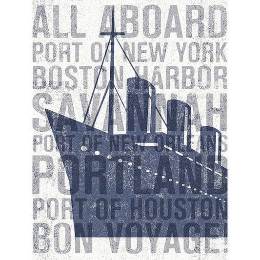 All Aboard vintage-style canvas art featuring a sailing ship silhouette overlaid with text about New York, Boston Harbor, and ports of call