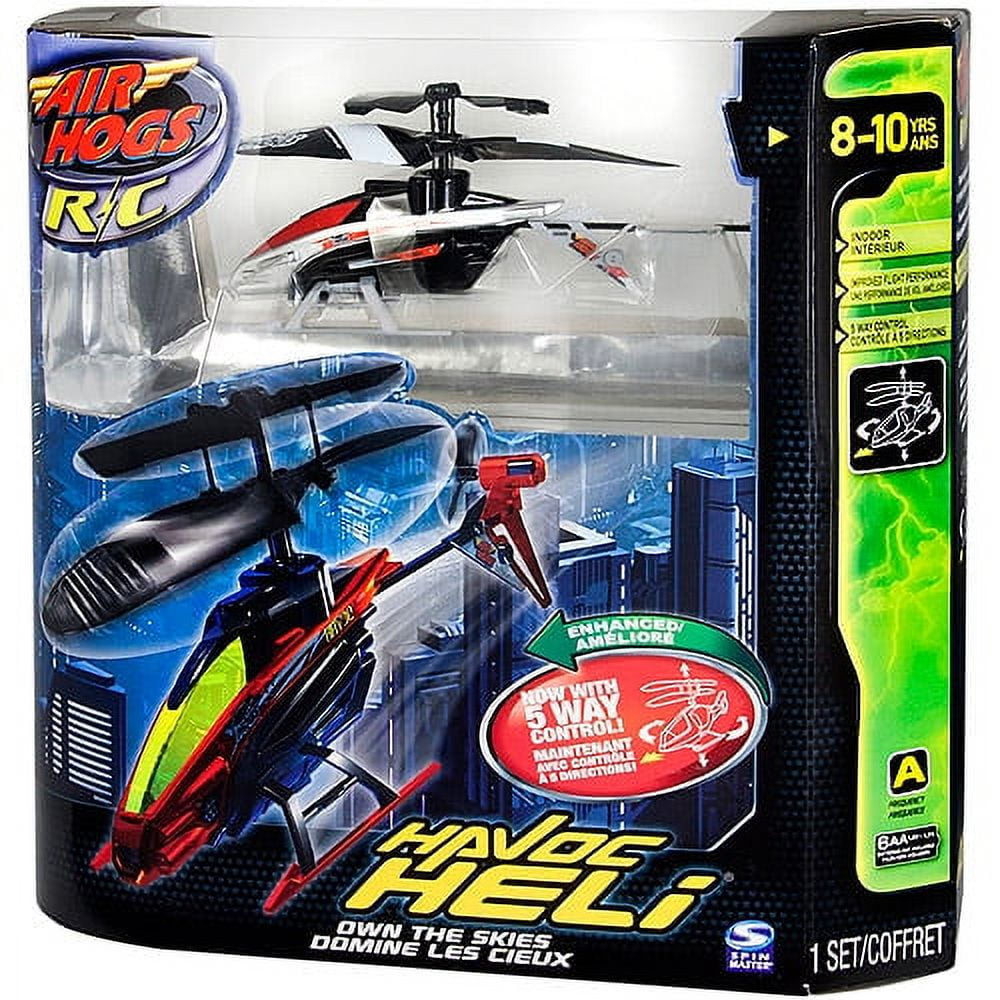 Air Hogs RC Havoc Heli remote control helicopter set with metallic silver and red helicopter, blue helicopter, remote control, and packaging showing 5-way contr
