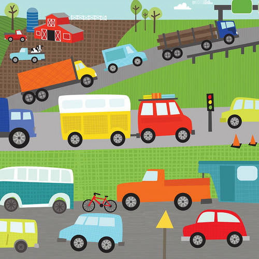 Illustrated scene with colorful vehicles including cars, trucks, tractors, a bus, camper, and bicycle on roads with a farm, traffic light, and construction cone