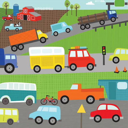 Illustrated scene with colorful vehicles including cars, trucks, tractors, a bus, camper, and bicycle on roads with a farm, traffic light, and construction cone