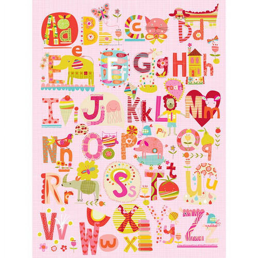 Colorful alphabet poster with whimsical illustrated letters A-Z decorated with fruits, flowers, animals, and playful objects on pink background