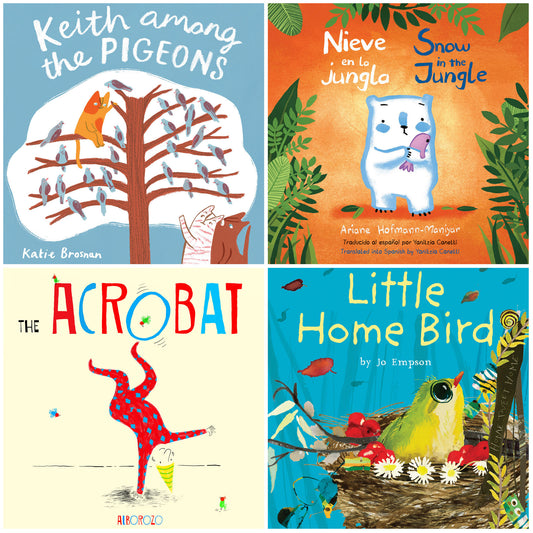 Four children's picture books displayed: Keith Among the Pigeons, Nieve en la Jungla/Snow in the Jungle, The Acrobat, and Little Home Bird