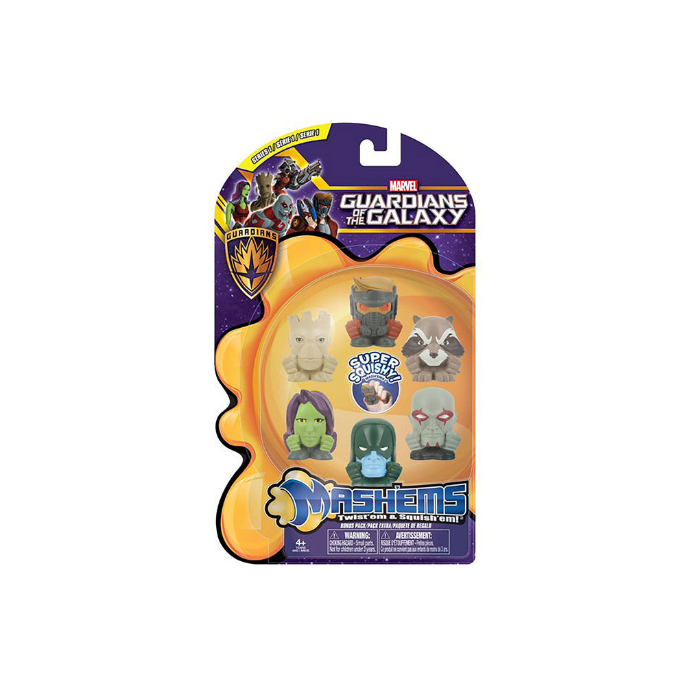 Mash'ems Guardians of the Galaxy Surprise Squishy Toys packaging with six collectible character heads in orange and purple themed blister pack