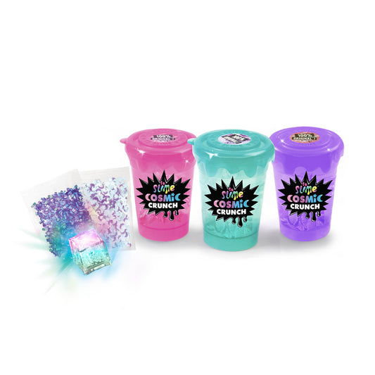 So Slime DIY Sensory Slime Factory with three colorful containers in pink, turquoise, and purple, plus cosmic crunch mix and glitter accessories on plain backgr