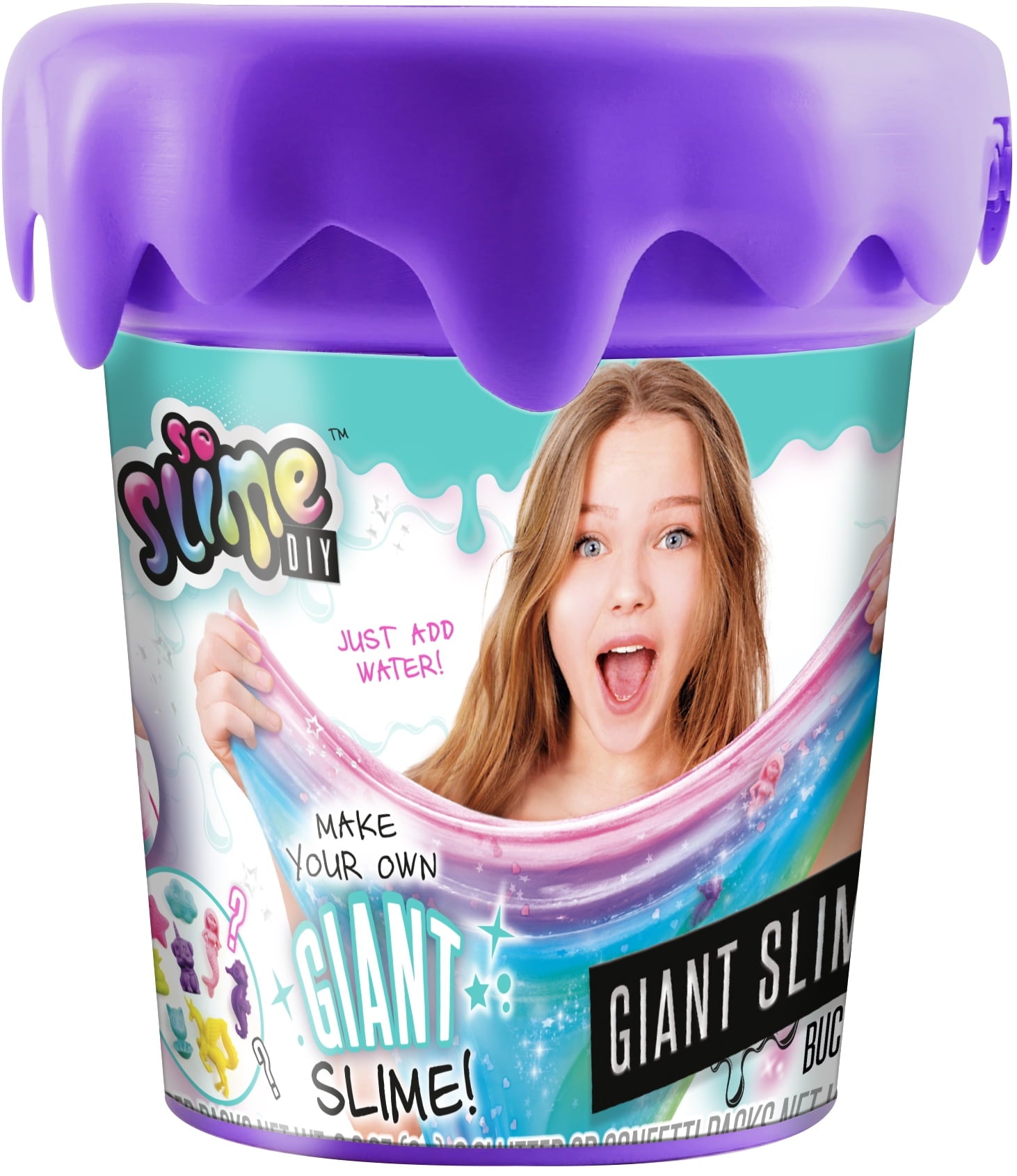So Slime DIY Giant Slime Bucket in vibrant purple with turquoise band, modeled by a child stretching rainbow slime, "Just Add Water" and "Make Your Own Giant Sl