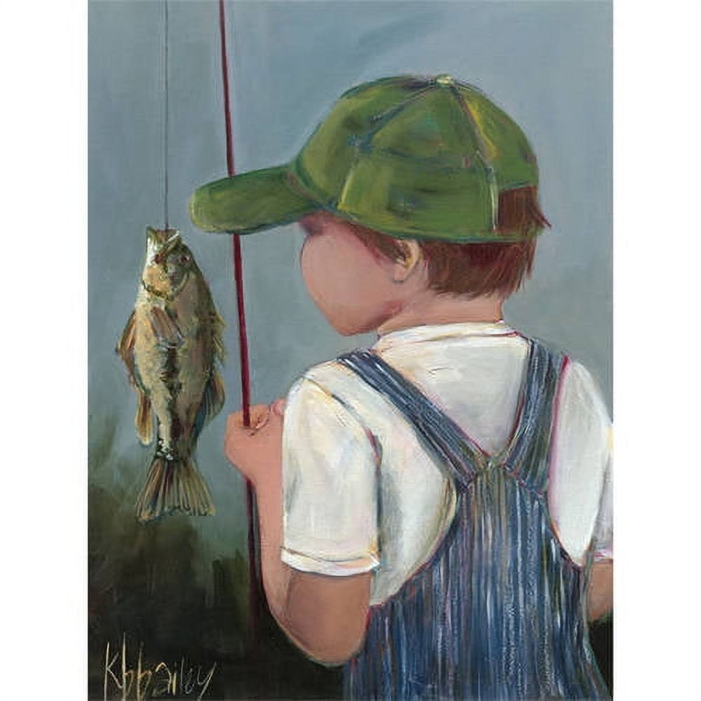 Child from behind wearing green cap and overalls, holding fishing rod with caught fish on line