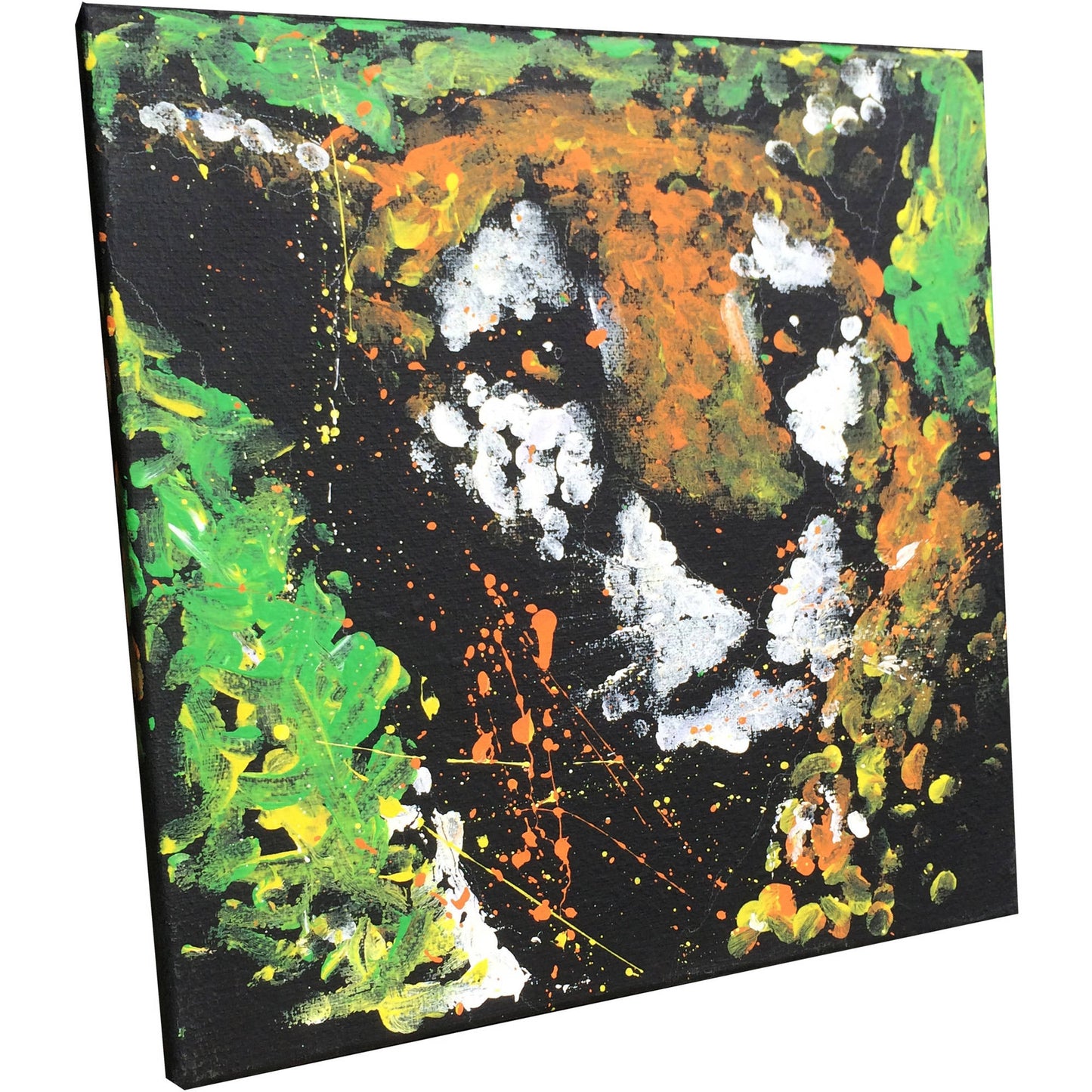 Abstract acrylic painting on black canvas with splattered and brushed green, yellow, orange, and white paint creating an expressive composition