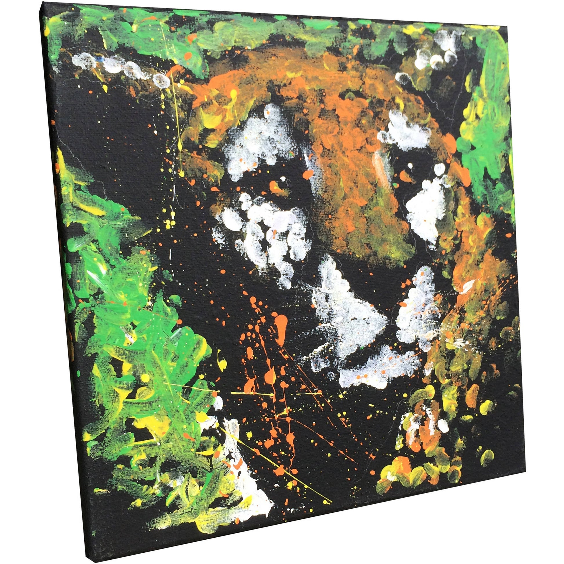 Abstract acrylic painting on black canvas with splattered and brushed green, yellow, orange, and white paint creating an expressive composition