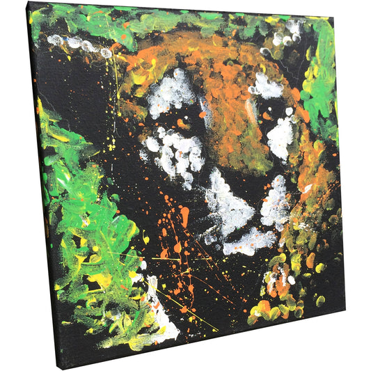 Abstract acrylic painting on black canvas with splattered and brushed green, yellow, orange, and white paint creating an expressive composition