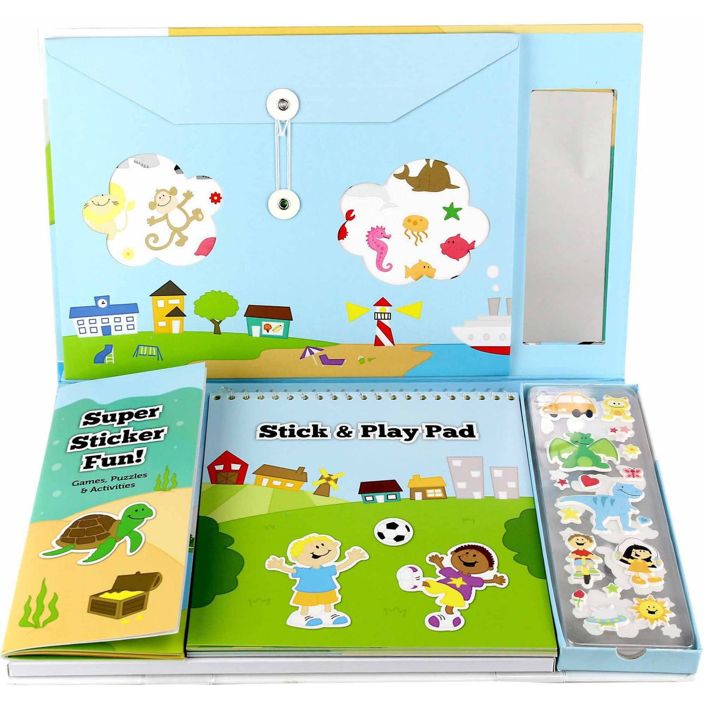 Creative Joy Sticker It Up Craft Kit with light blue storage envelope, sticker activity book, stick and play pad, and sheet of reusable stickers featuring anima