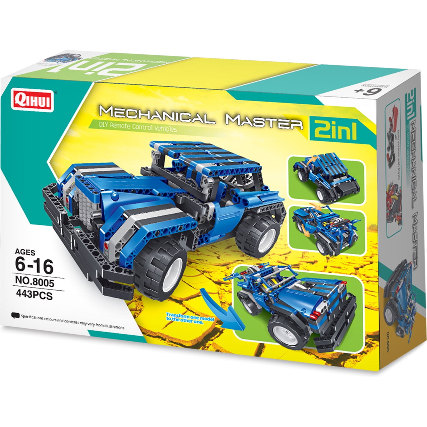 Mechanical Master 2-in-1 DIY remote control vehicle building set with blue and black modular cars that transform between two modes, ages 6-16, 443 pieces