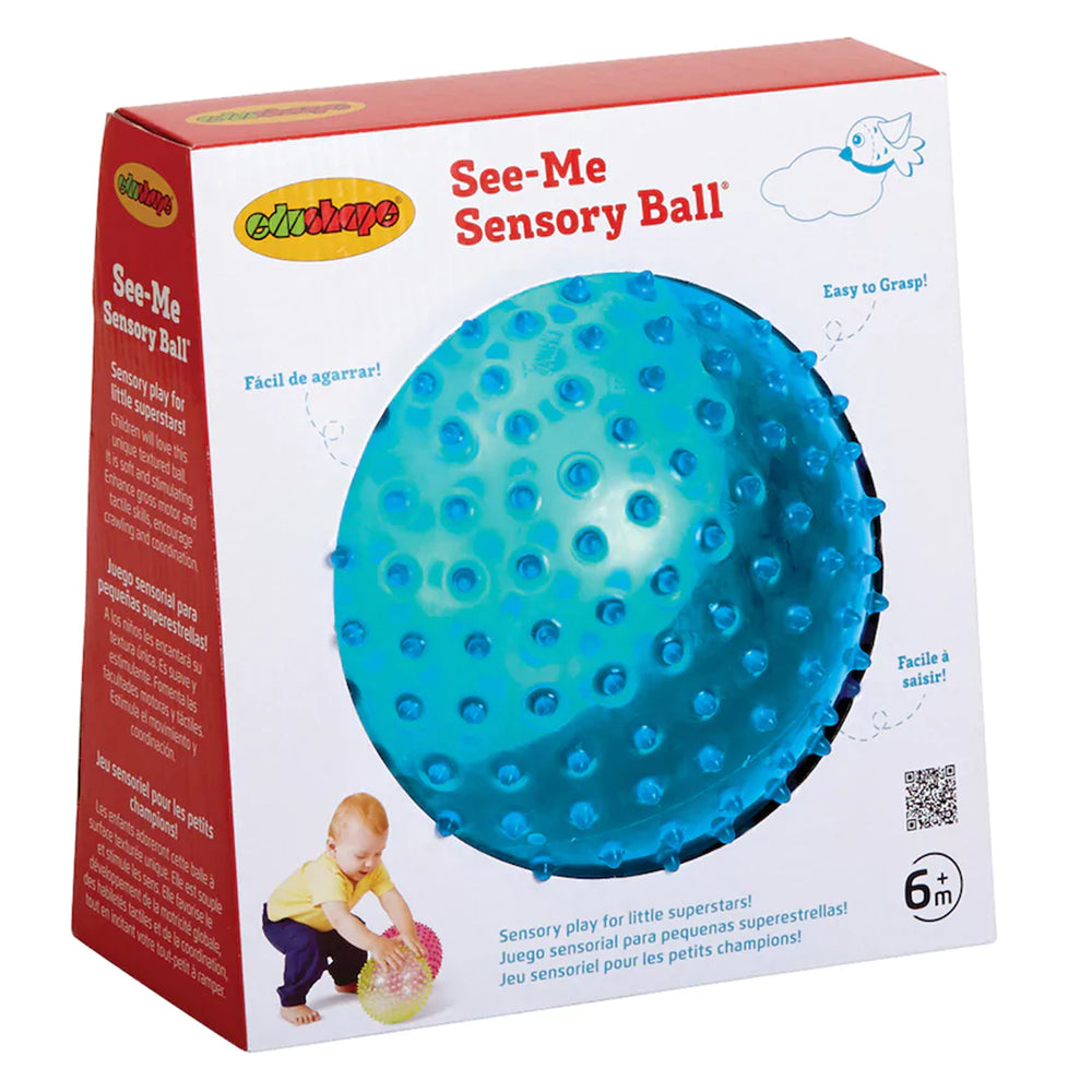Edushape See-Me Sensory Ball in bright blue with textured nubby surface, shown in packaging with red side panel and product image on front