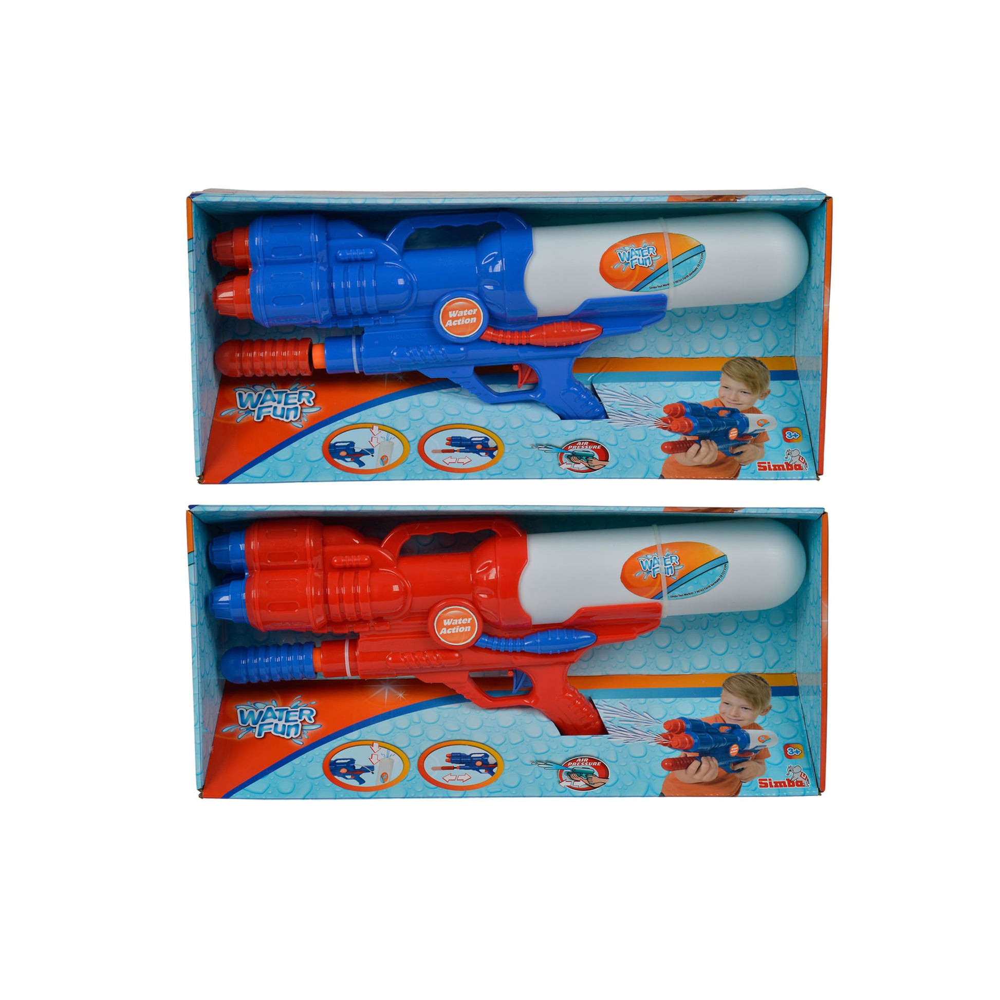 Two Water Fun XL water blasters in packaging — blue and red versions with white tanks and trigger handles, modeled by a child on right side of box