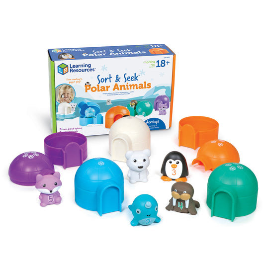 Learning Resources Sort & Seek Polar Animals set with colorful dome igloos, animal figurines including polar bear, penguin, walrus, and whale, displayed with pr