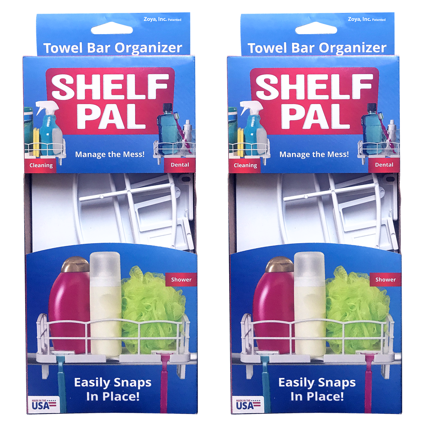 Zoya Shelf Pal Towel Bar Organizer, 2-pack. White snap-on storage baskets with product photos showing cleaning, dental, and shower item organization on packagin