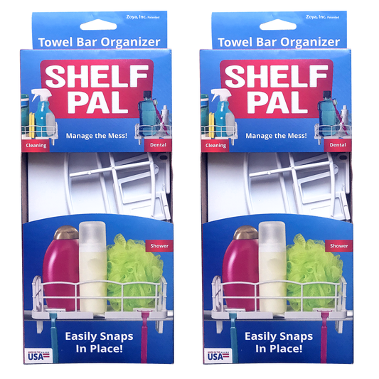 Zoya Shelf Pal Towel Bar Organizer, 2-pack. White snap-on storage baskets with product photos showing cleaning, dental, and shower item organization on packagin