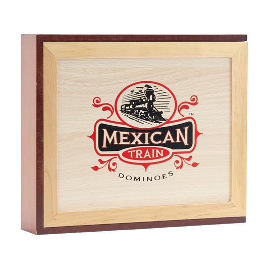 Mexican Train Dominoes game set in wooden box with light wood frame and dark wood trim, featuring classic red and black train logo on lid