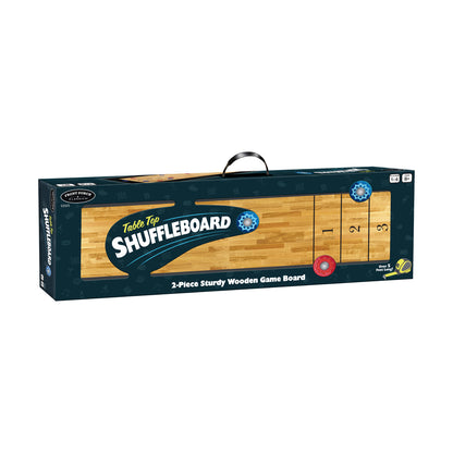 Front Porch Classics Table Top Shuffleboard Game with 2-piece sturdy wooden board in packaging, showing numbered scoring zones and game pucks