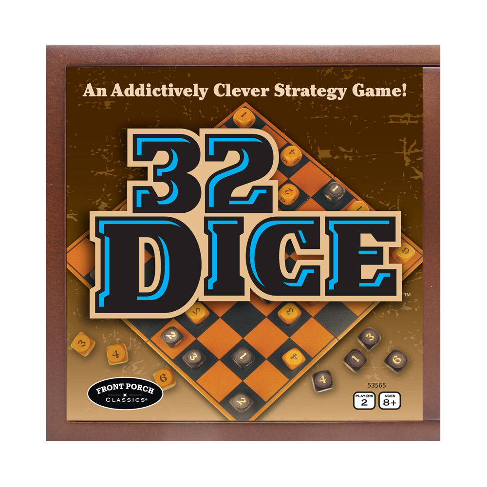 32 Dice board game box by Front Porch Classics featuring orange and black dice on a diamond-shaped game board with text "An Addictively Clever Strategy Game!"