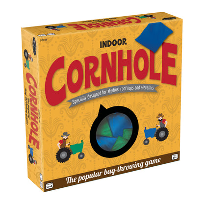 Indoor Cornhole Game Set box showing yellow packaging with red letters, blue cornhole bag on top, circular target window displaying colorful bean bags, and illu