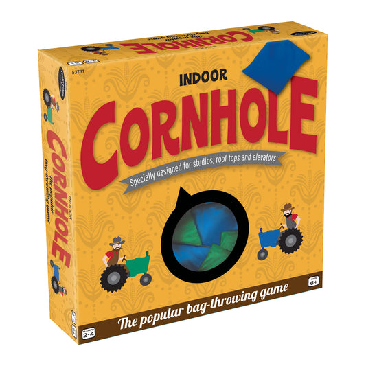 Indoor Cornhole Game Set box showing yellow packaging with red letters, blue cornhole bag on top, circular target window displaying colorful bean bags, and illu