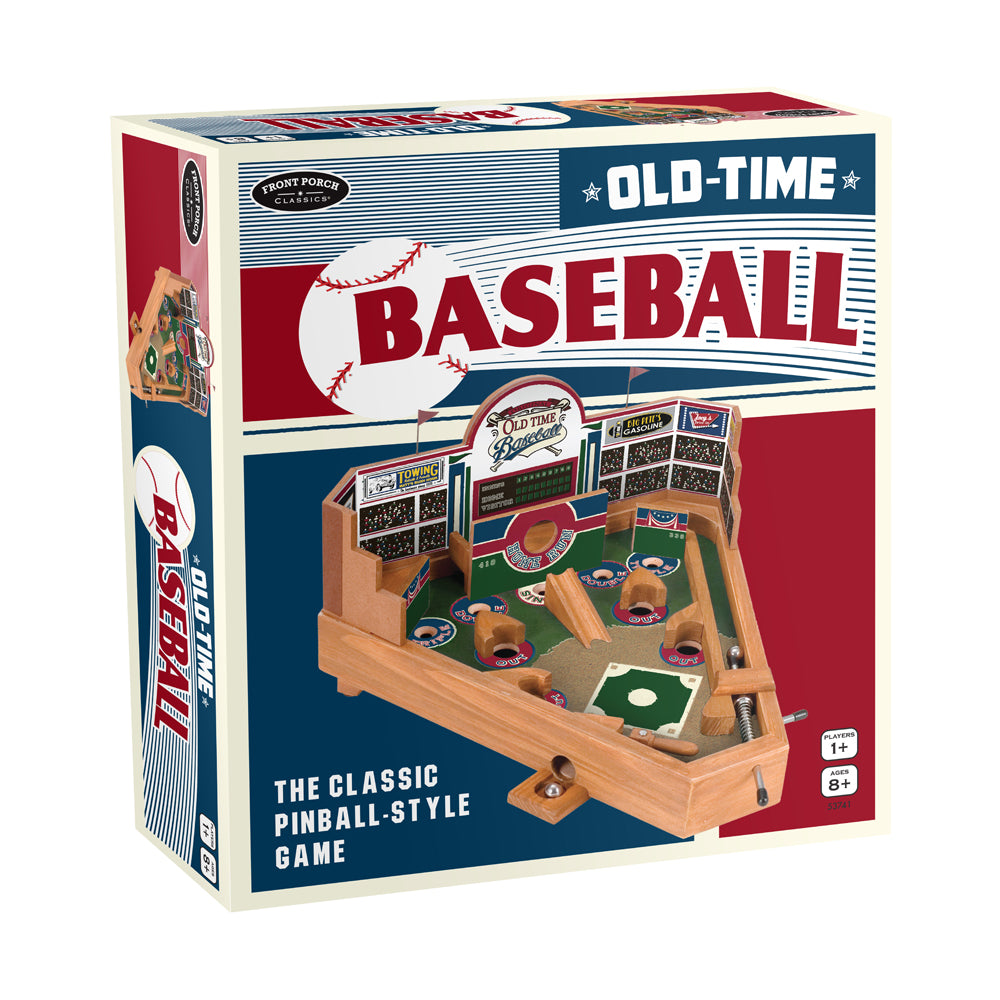 Old-Time Baseball pinball-style wooden game with baseball stadium graphics, sand play field, and wooden flippers on front porch classic box