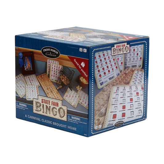 State Fair Bingo game box showing vintage-style bingo cards, ball cage, and game pieces displayed inside clear packaging