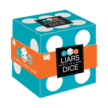 Liars Dice Party in a Box game with turquoise cube-shaped packaging, white polka dots, orange band, and dice imagery
