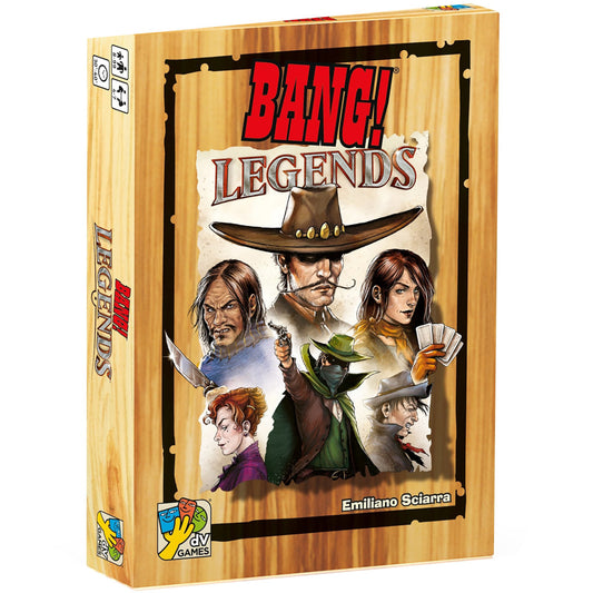 BANG! Legends Expansion Card Game box with wood-grain design featuring cowboy and western character illustrations