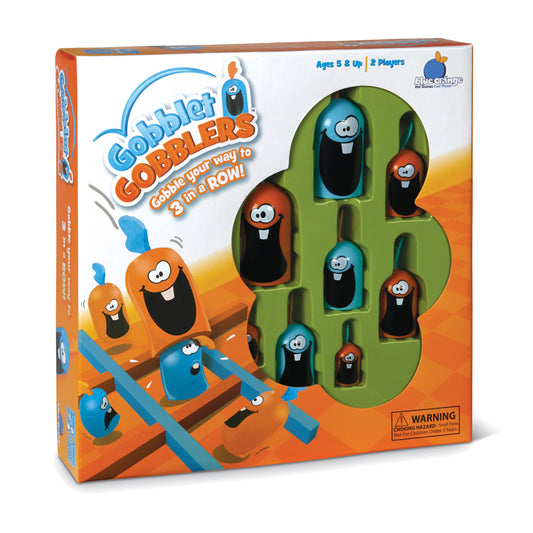 Gobblet Gobblers board game box showing colorful goblet-shaped pieces in blue and orange with character faces, green game board with piece holders, and gameplay