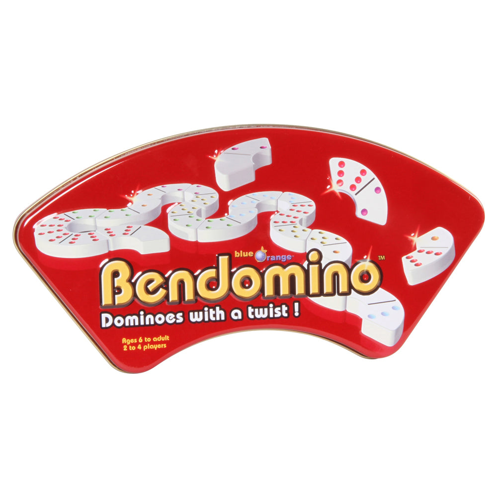 Bendomino curved domino strategy game by Blue Orange on red fan-shaped tray, dominoes with a twist for ages 6 and up, 2 to 4 players