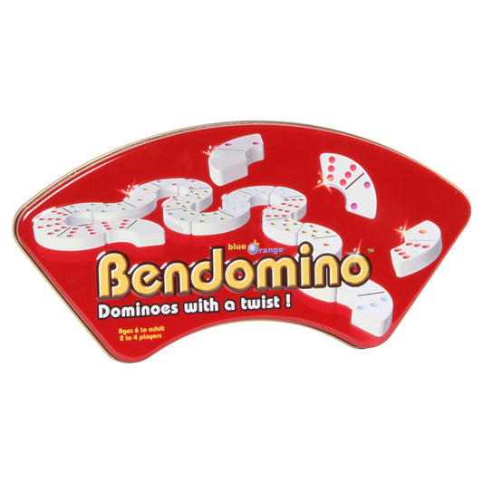 Bendomino curved domino strategy game by Blue Orange on red fan-shaped tray, dominoes with a twist for ages 6 and up, 2 to 4 players