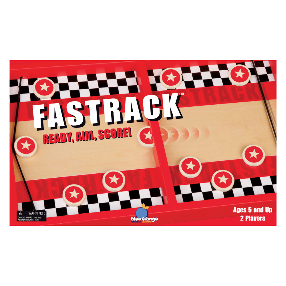 Fastrack board game box by Blue Orange showing red checkered race track design with star tokens and tagline Ready, Aim, Score for ages 5 and up, 2 players