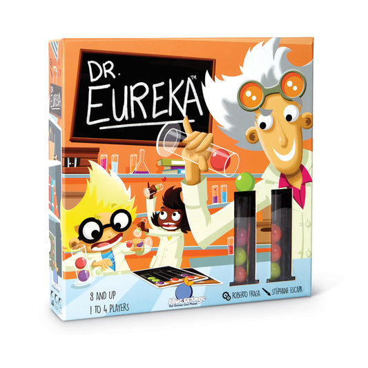 Dr. Eureka Speed Logic Game board game box showing cartoon scientist character and colorful laboratory setting, for ages 8 and up, 1 to 4 players