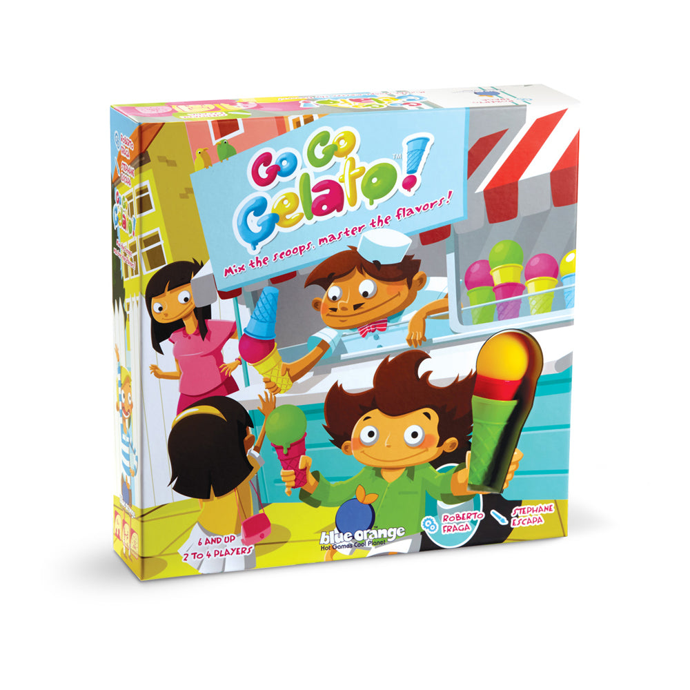 Go Go Gelato game box featuring cartoon characters at an ice cream shop with colorful gelato scoops, for 2 to 4 players ages 4 and up
