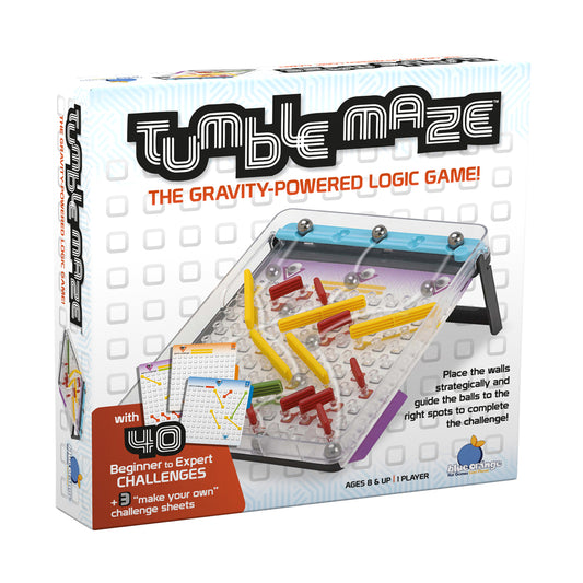 Tumble Maze gravity-powered logic game with yellow and red wall pieces, metal balls, and challenge cards on tilted playing board