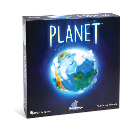 Planet board game box featuring a glowing Earth with blue oceans, green continents, and colorful game elements on dark starry background