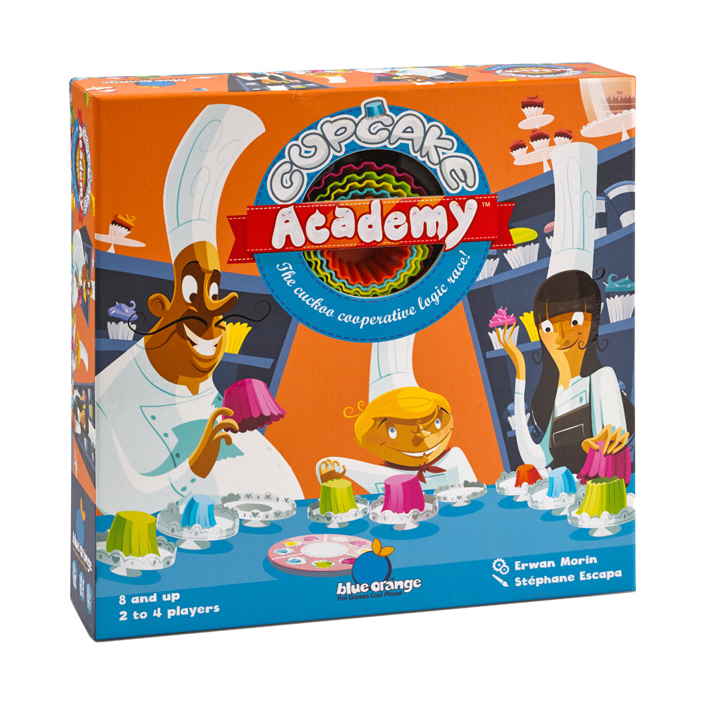 Cupcake Academy board game box featuring cartoon chef and child characters decorating cupcakes, for ages 8 and up, 2 to 4 players