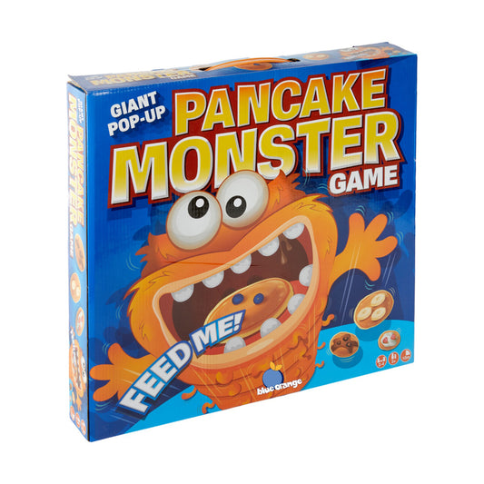 Giant Pop-Up Pancake Monster Game box featuring a blue package with an orange monster character with wide-open mouth and large eyes, labeled "FEED ME!"