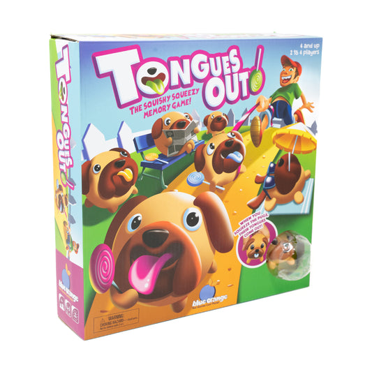 Tongues Out board game box featuring colorful squishy dog characters with large tongues, for 2 to 4 players ages 4 and up