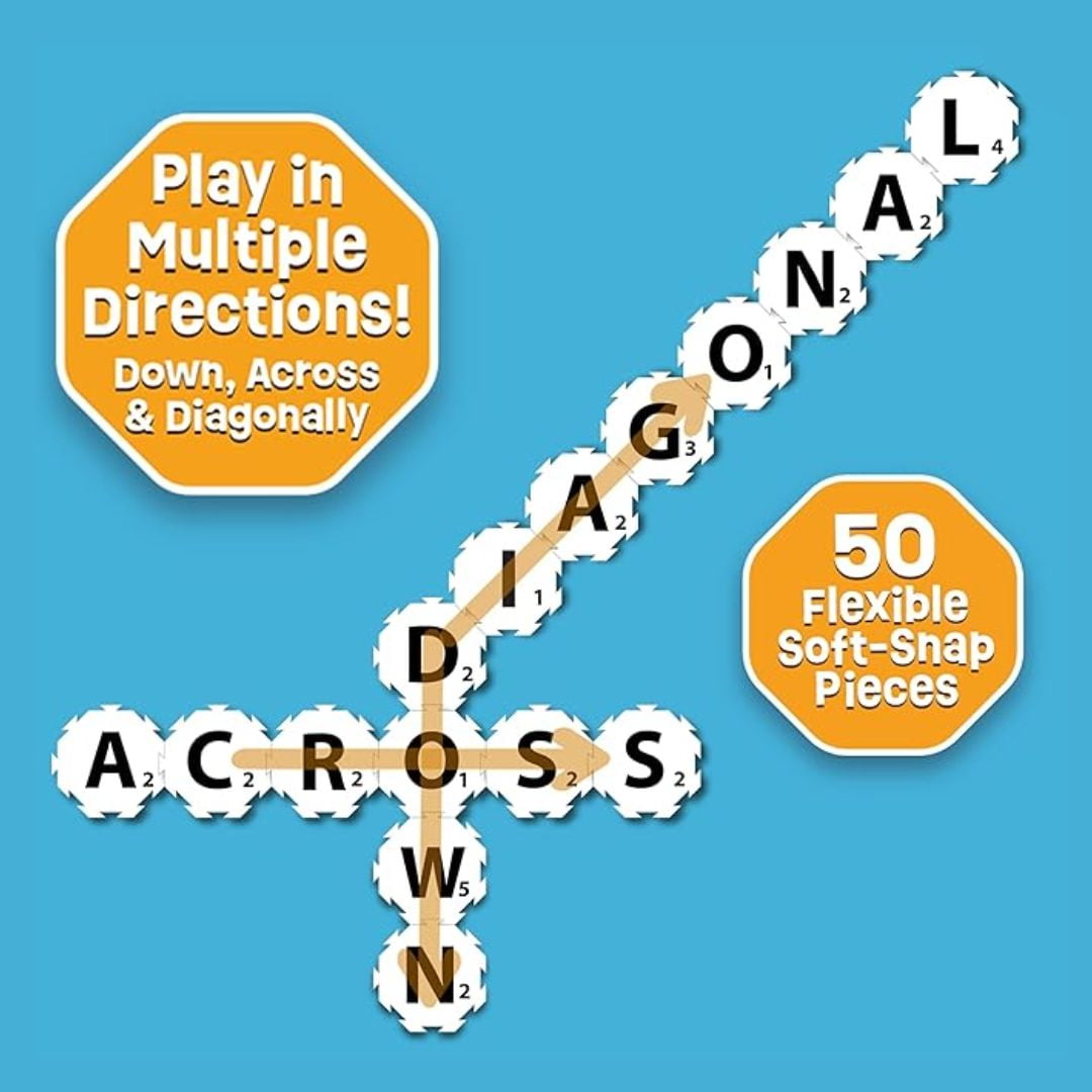WordSnap Travel Edition game board showing crossword-style letter tiles arranged in a plus sign pattern with point values, blue background, orange badges highli