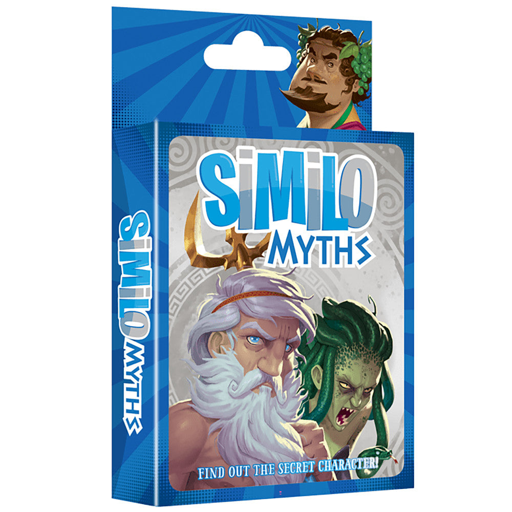 Similo Myths card game box featuring illustrated mythological characters including a bearded man with ivy, a wizard with white beard, and a green-skinned creatu
