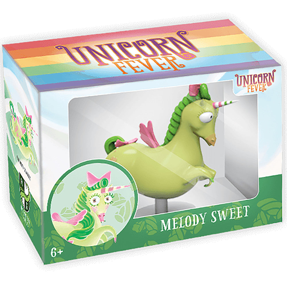 Unicorn Fever Melody Sweet action figure in lime green with pink mane and tail, displayed in rainbow-striped packaging
