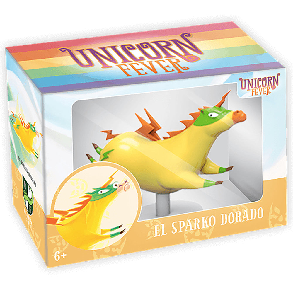 El Sparko Dorado yellow unicorn action figure with green spikes, orange horn and mane, displayed in Unicorn Fever branded packaging with rainbow stripe design